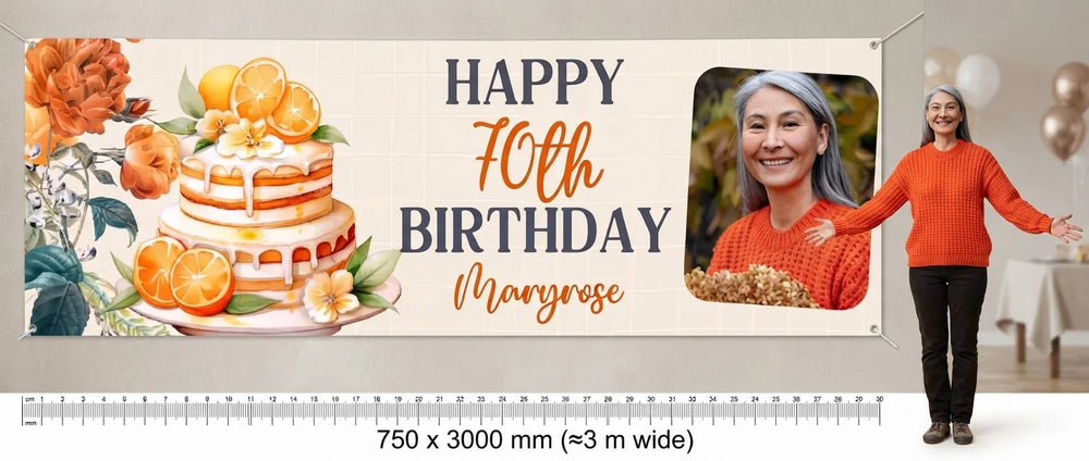Person standing beside the Orange Floral Theme Birthday Party Banner for scale, with size guide showing 750 x 3000 mm