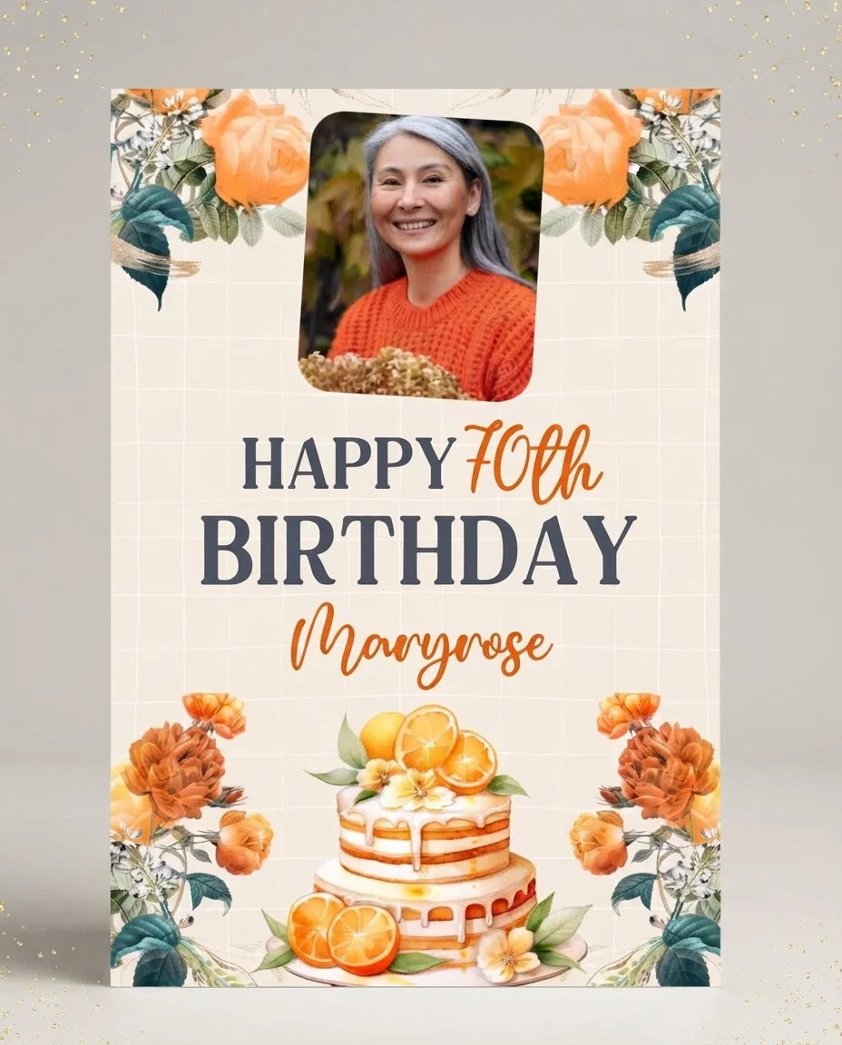Personalised Orange Floral Theme Birthday Party Mega Card displayed against a plain studio background