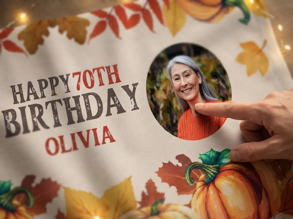 Close-up of the personalised name and photo printed on the Pumpkin Theme Birthday Party Banner