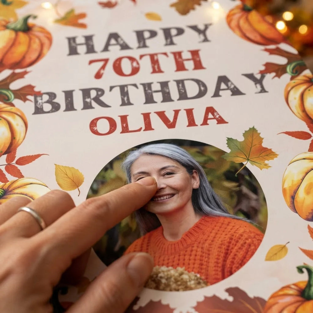 Close-up of the personalised name and photo printed on the Pumpkin Theme Birthday Party Mega Card