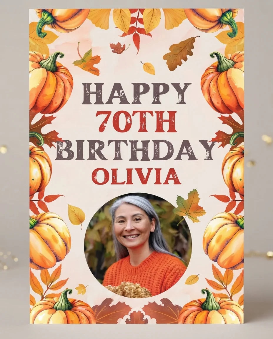 Personalised Pumpkin Theme Birthday Party Mega Card displayed against a plain studio background