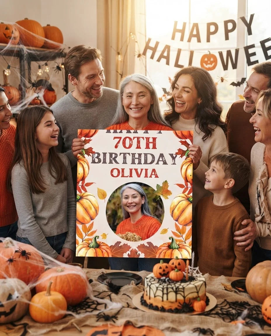 Friends and family celebrating with the personalised Pumpkin Theme Birthday Party Mega Card