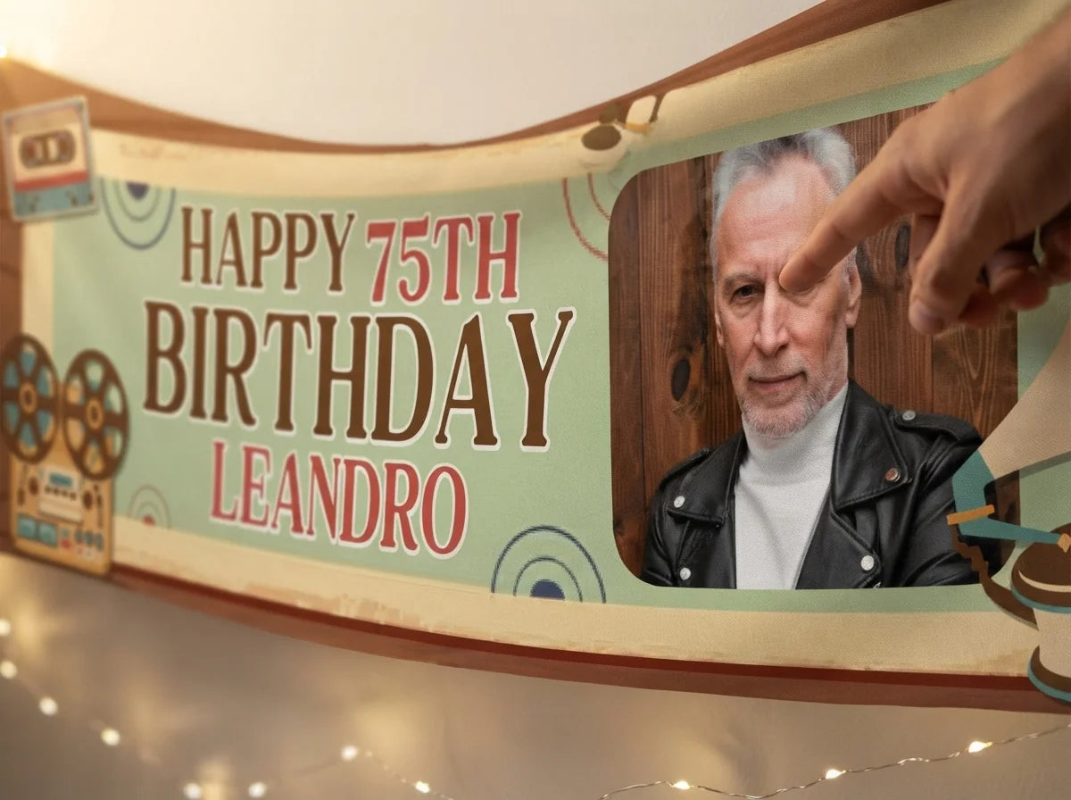 Close-up of the personalised name and photo printed on the 50s Retro Birthday Party Banner