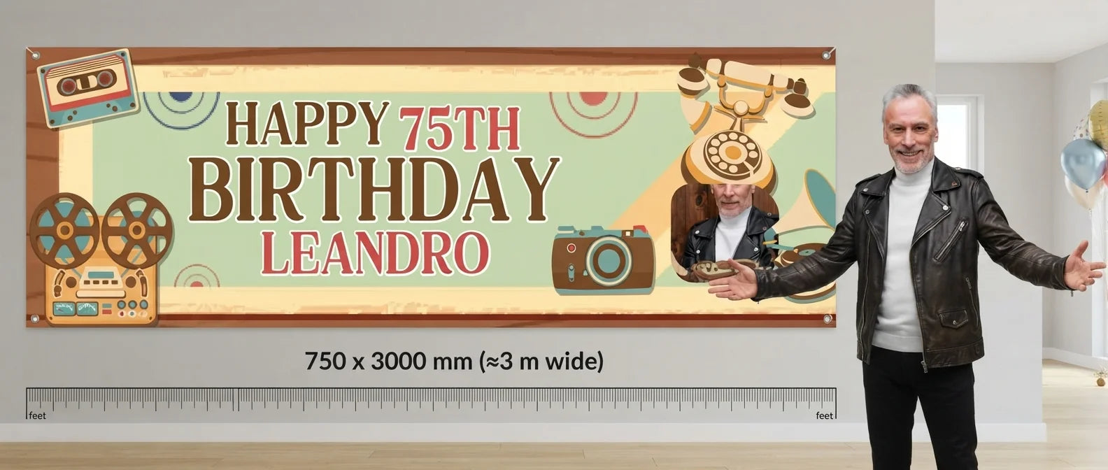 Person standing beside the 50s Retro Birthday Party Banner for scale, with size guide showing 750 x 3000 mm