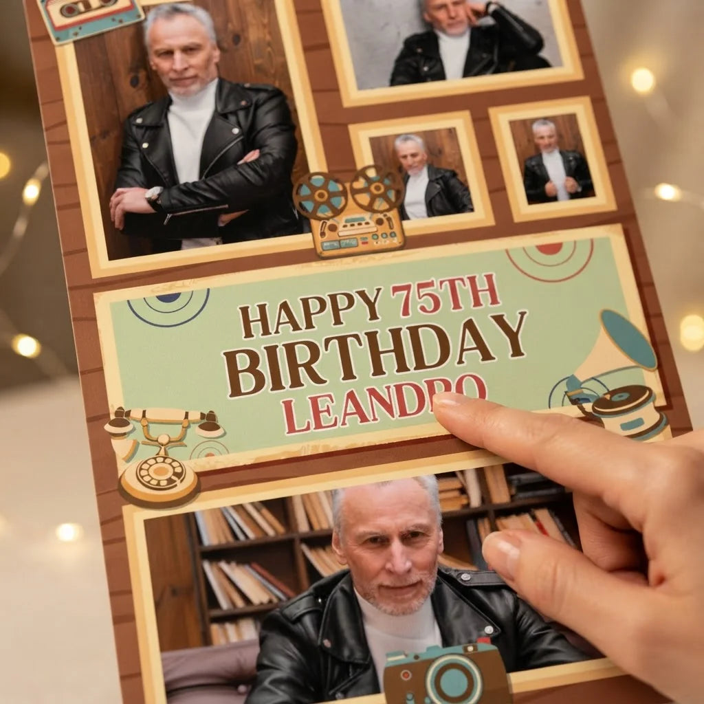 Close-up of the personalised name and photo printed on the 50s Retro Birthday Party Mega Card