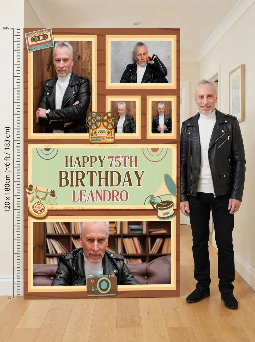 Person standing beside the 50s Retro Birthday Party Mega Card for scale in a size guide