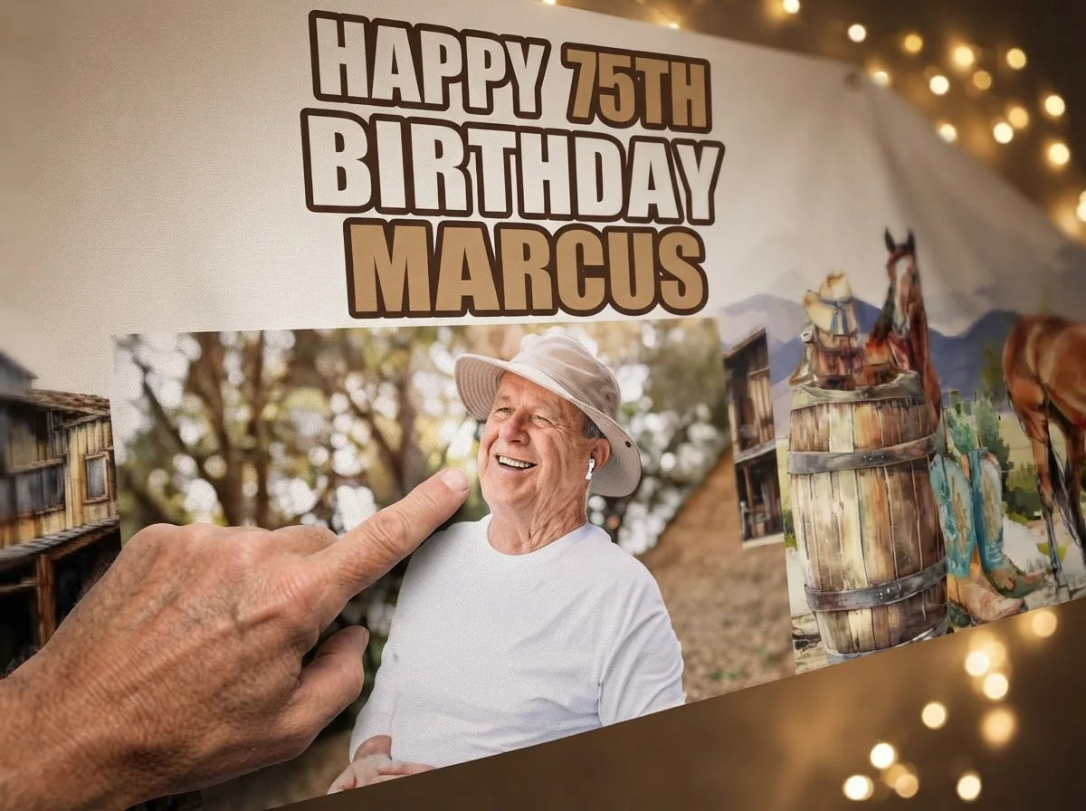 Close-up of the personalised name and photo printed on the Cowboy Theme Birthday Party Banner