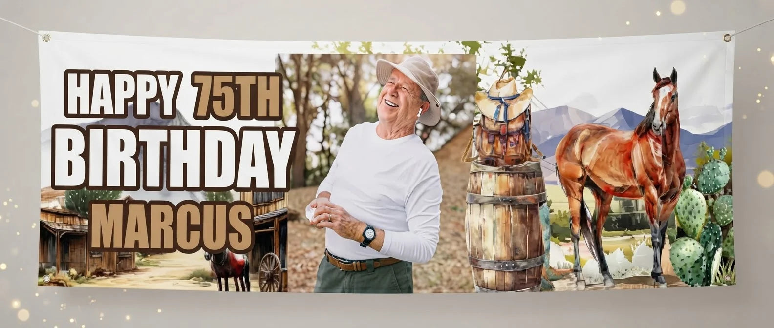 Personalised Cowboy Theme Birthday Party Banner displayed against a plain studio background
