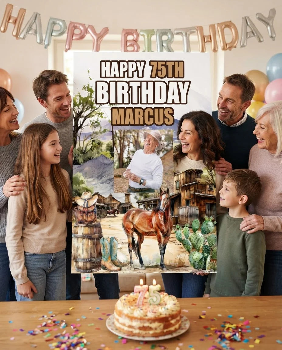 Friends and family celebrating with the personalised Cowboy Theme Birthday Party Mega Card