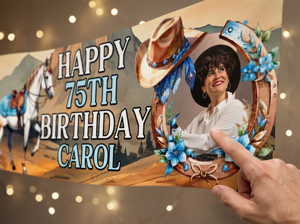 Close-up of the personalised name and photo printed on the Cowgirl Theme Birthday Party Banner