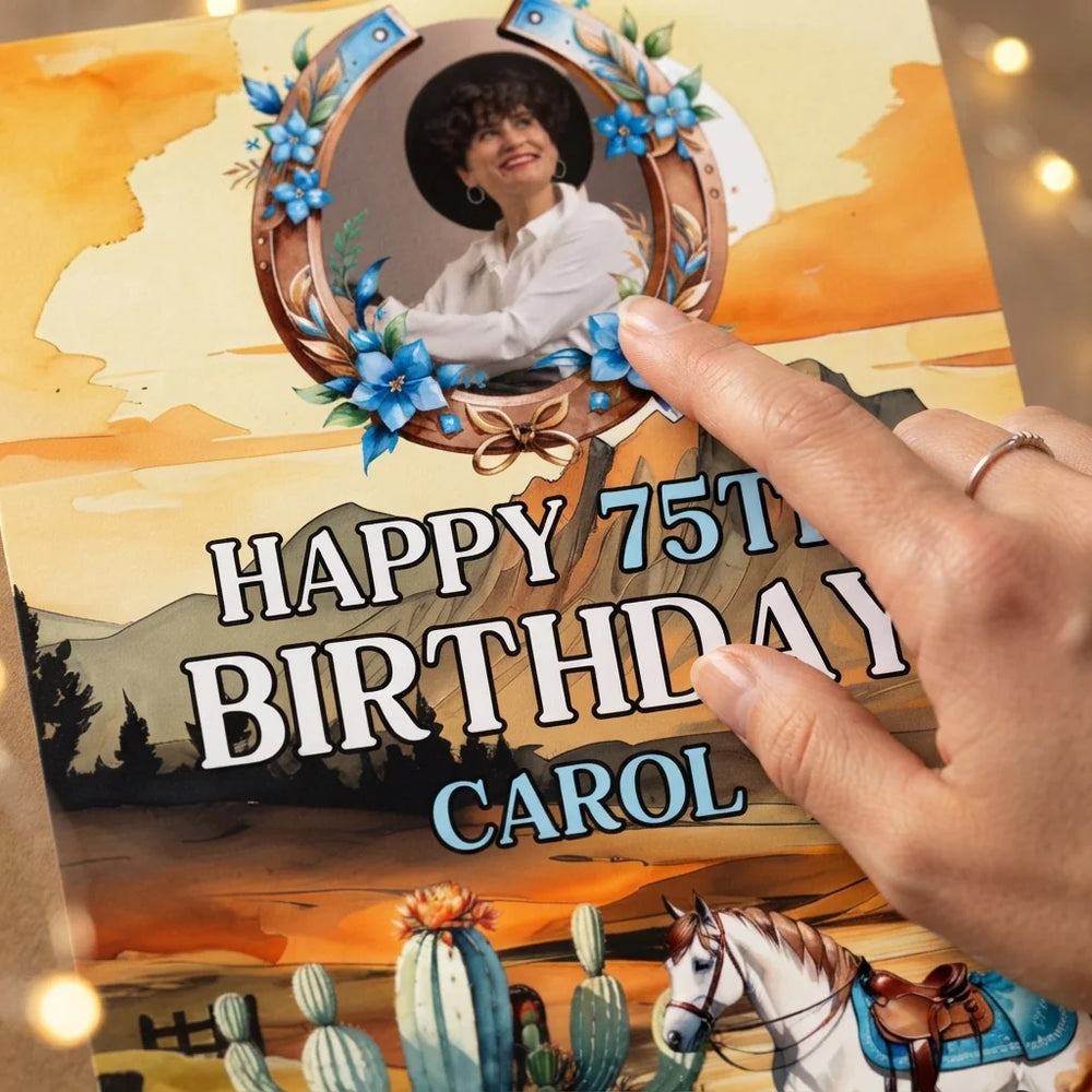 Close-up of the personalised name and photo printed on the Cowgirl Theme Birthday Party Mega Card