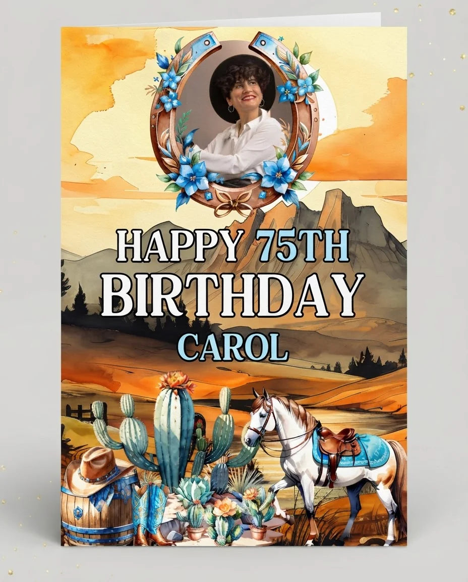 Personalised Cowgirl Theme Birthday Party Mega Card displayed against a plain studio background