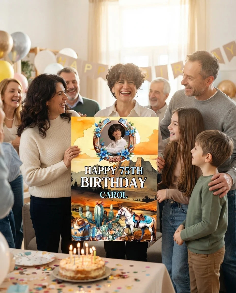 Friends and family celebrating with the personalised Cowgirl Theme Birthday Party Mega Card