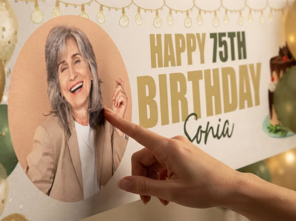 Close-up of the personalised name and photo printed on the Green and Gold Birthday Party Banner