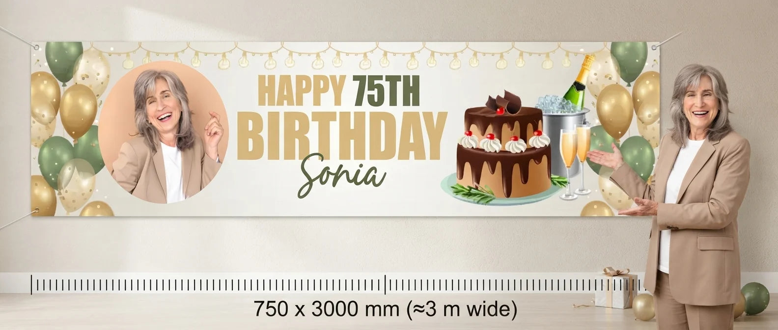 Person standing beside the Green and Gold Birthday Party Banner for scale, with size guide showing 750 x 3000 mm