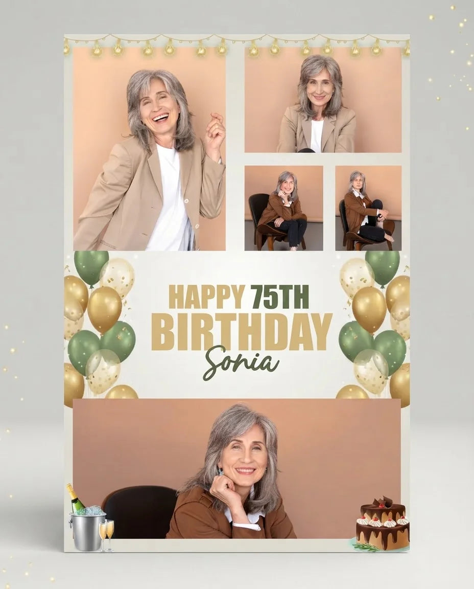 Personalised Green and Gold Birthday Party Mega Card displayed against a plain studio background