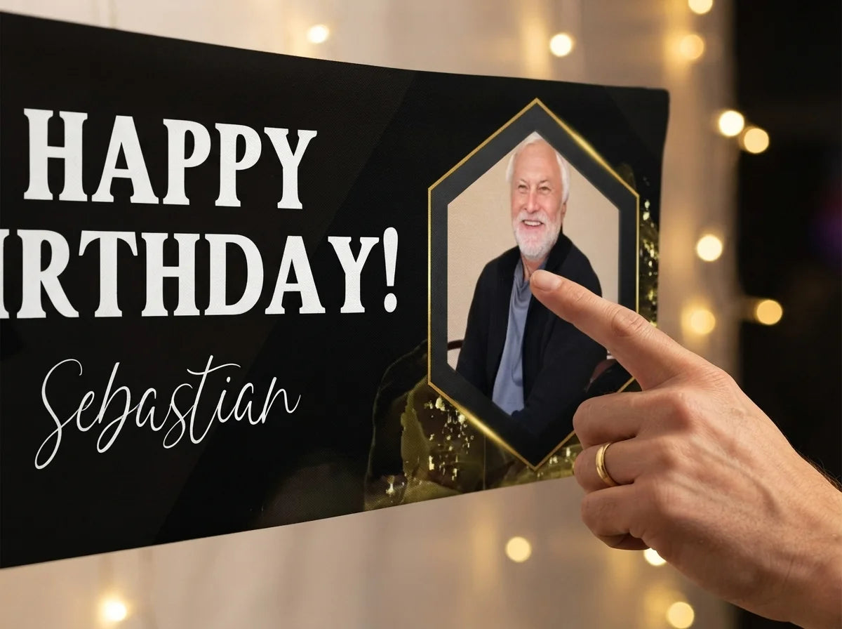 Close-up of the personalised name and photo printed on the Black & Gold Birthday Party Banner
