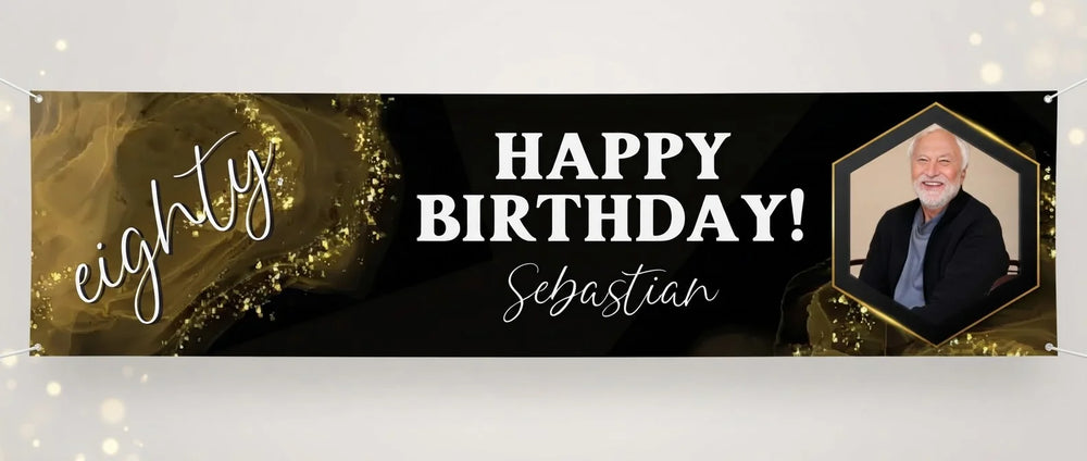 Personalised Black & Gold Birthday Party Banner displayed against a plain studio background