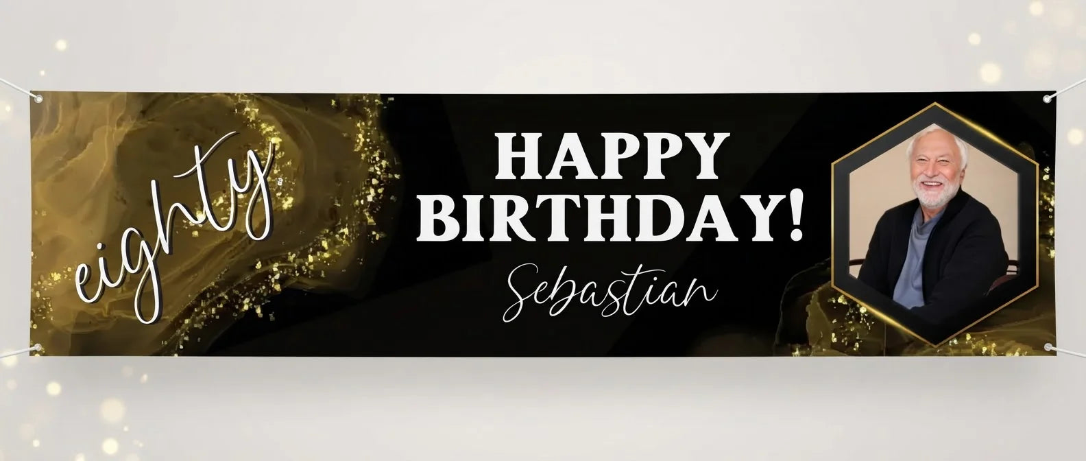 Personalised Black & Gold Birthday Party Banner displayed against a plain studio background