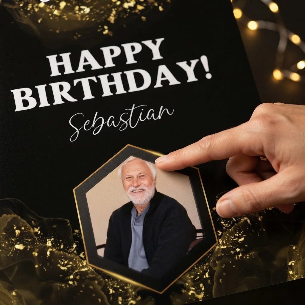 Close-up of the personalised name and photo printed on the Black & Gold Birthday Party Mega Card