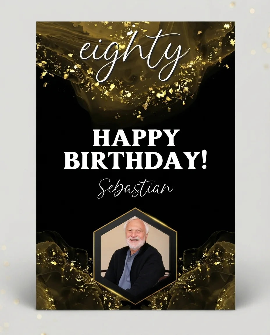 Personalised Black & Gold Birthday Party Mega Card displayed against a plain studio background