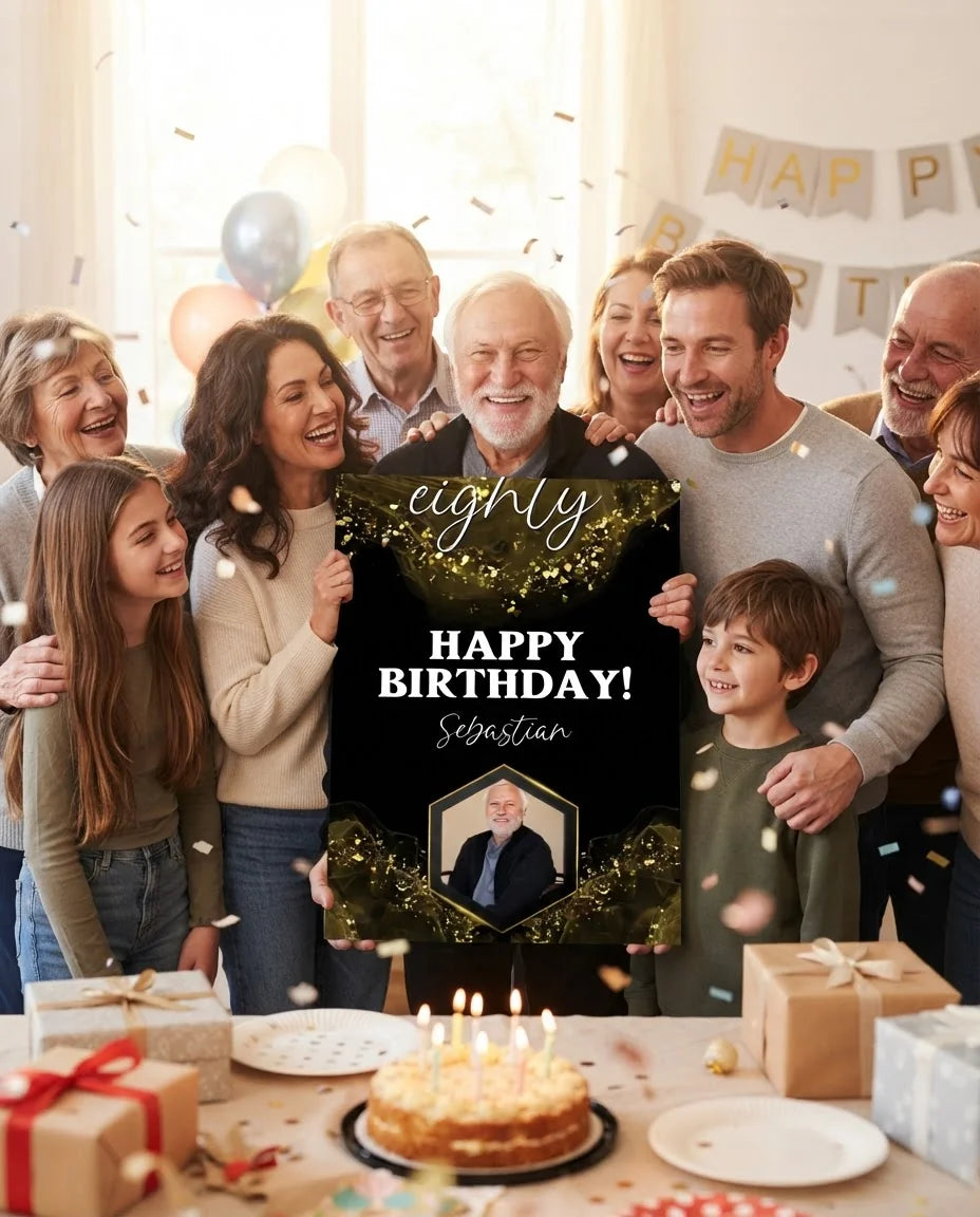 Friends and family celebrating with the personalised Black & Gold Birthday Party Mega Card