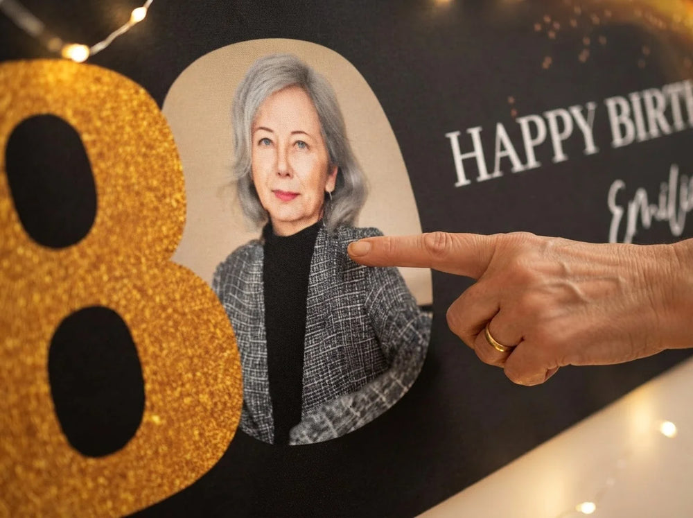 Close-up of the personalised name and photo printed on the Look Who's Eighty Birthday Party Banner