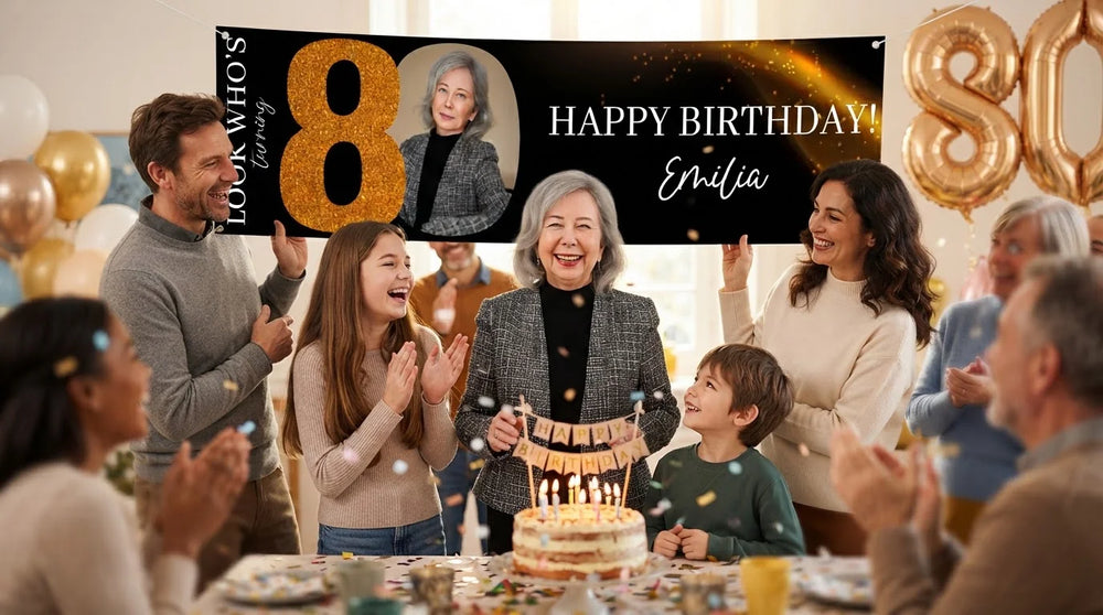 Friends and family celebrating with the personalised Look Who's Eighty Birthday Party Banner