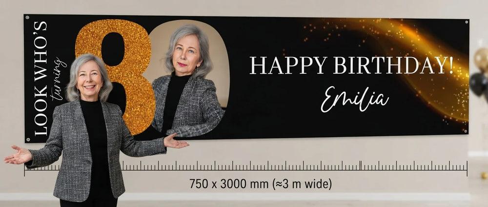 Person standing beside the Look Who's Eighty Birthday Party Banner for scale, with size guide showing 750 x 3000 mm