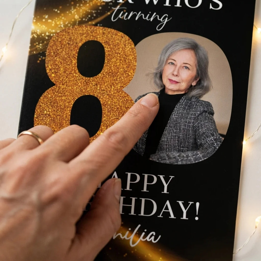Close-up of the personalised name and photo printed on the Look Who's Eighty Birthday Party Mega Card