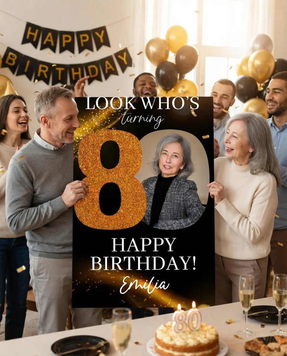Friends and family celebrating with the personalised Look Who's Eighty Birthday Party Mega Card
