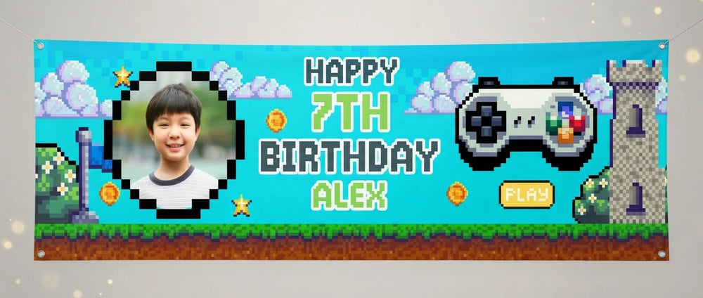 Personalised 90s Game Pixel Birthday Party Banner displayed against a plain studio background
