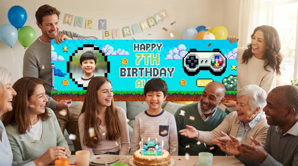 Friends and family celebrating with the personalised 90s Game Pixel Birthday Party Banner