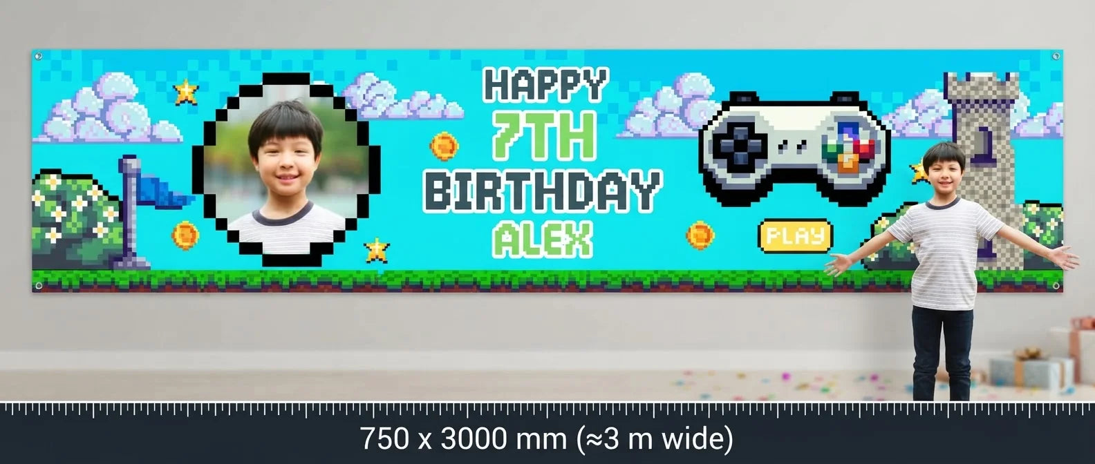 Person standing beside the 90s Game Pixel Birthday Party Banner for scale, with size guide showing 750 x 3000 mm