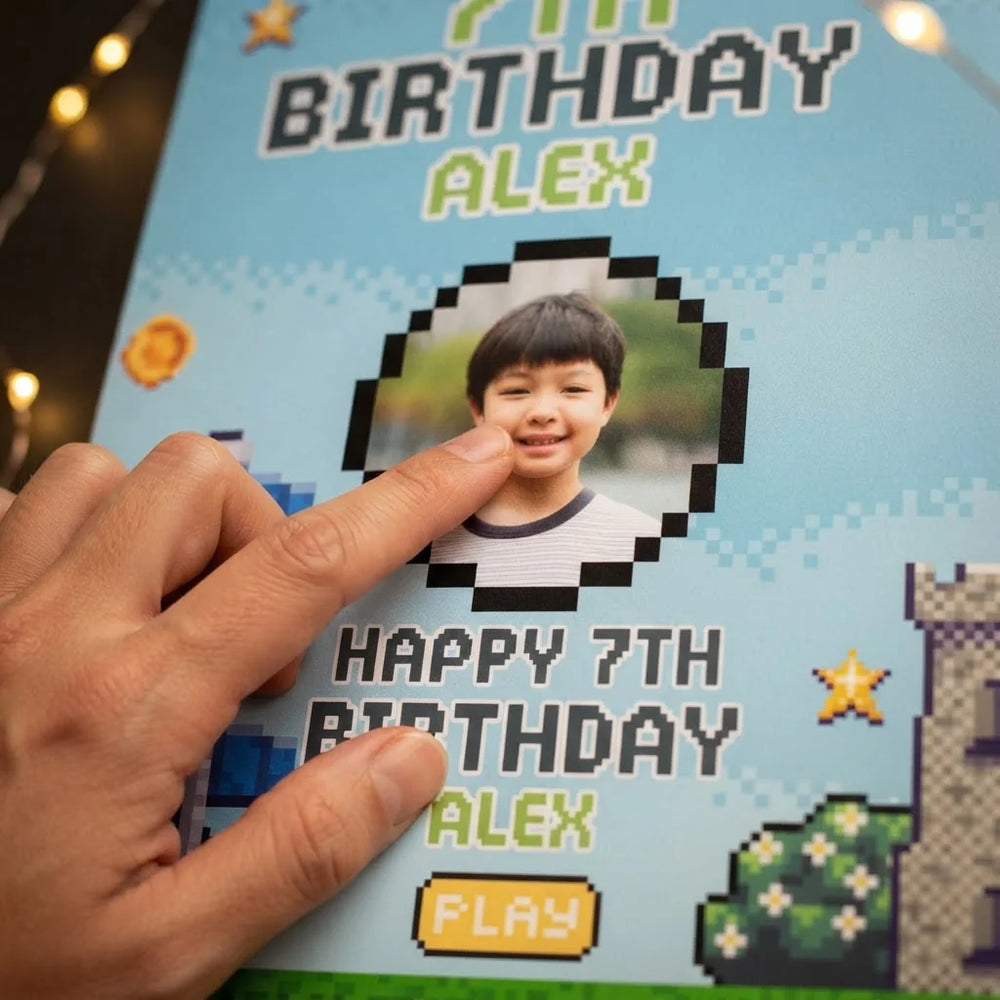 Close-up of the personalised name and photo printed on the 90s Game Pixel Birthday Party Mega Card