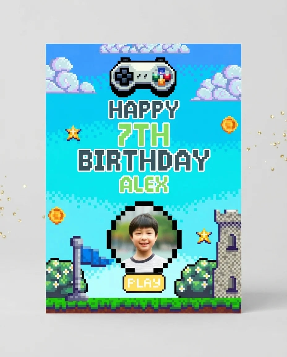 Personalised 90s Game Pixel Birthday Party Mega Card displayed against a plain studio background