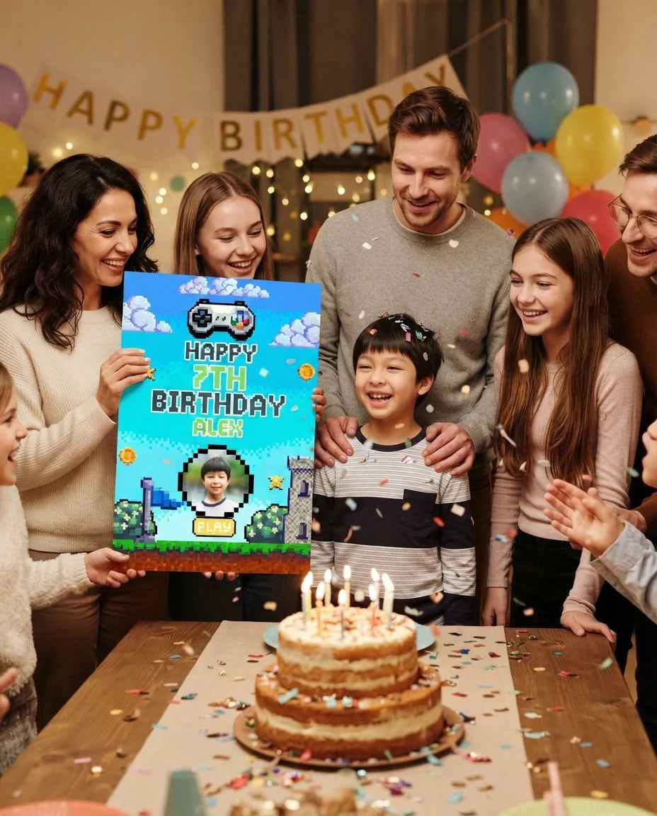 Friends and family celebrating with the personalised 90s Game Pixel Birthday Party Mega Card