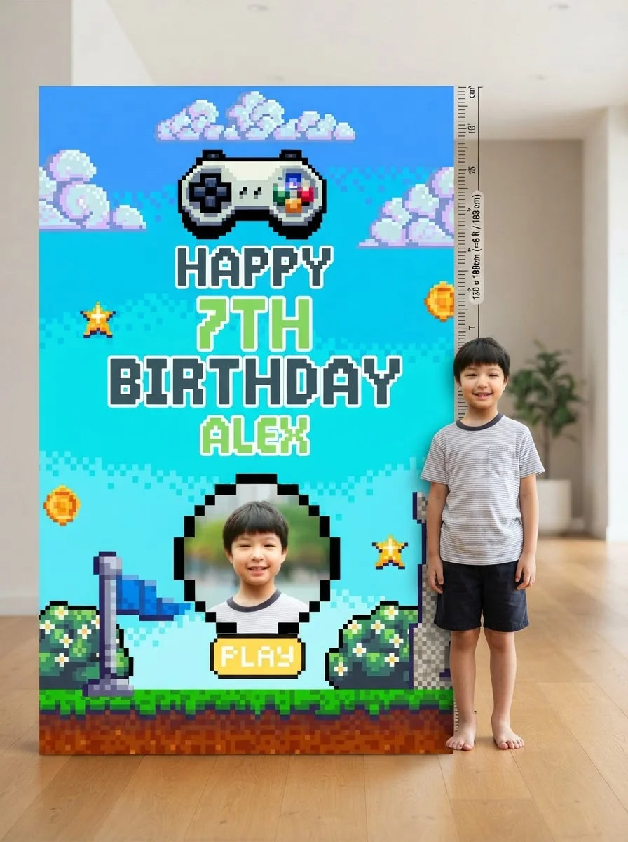 Person standing beside the 90s Game Pixel Birthday Party Mega Card for scale in a size guide