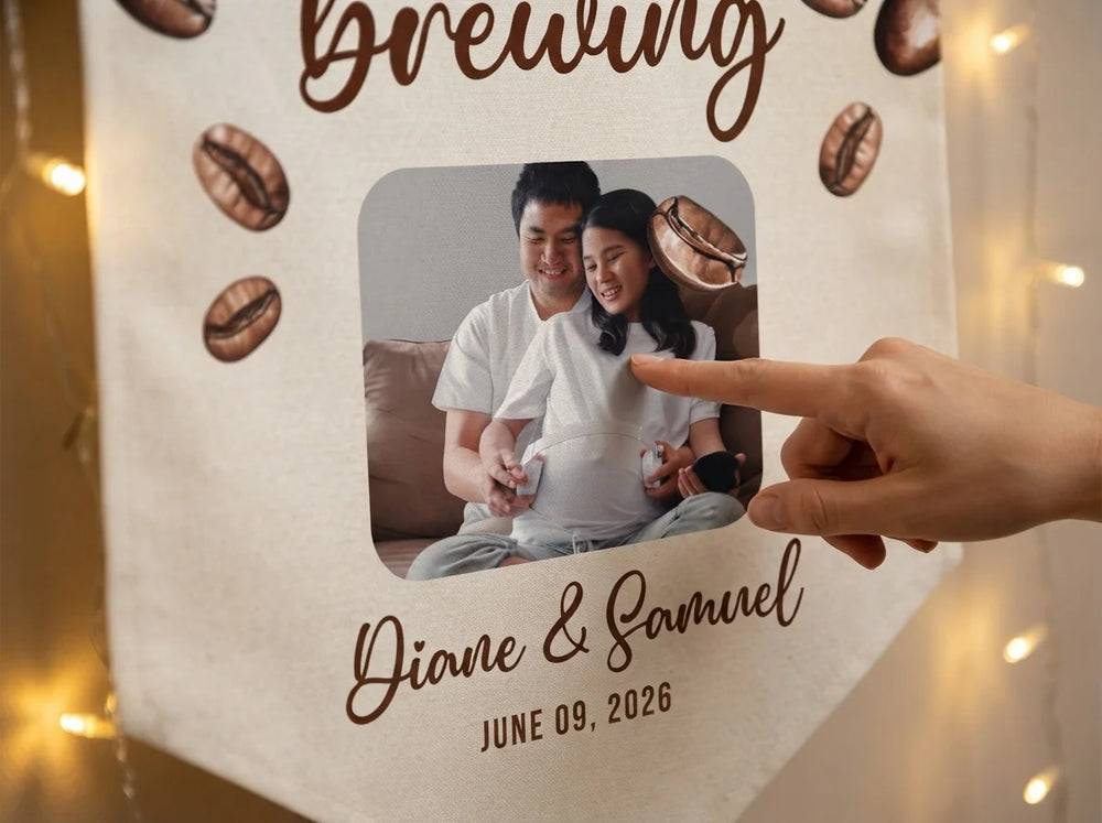 Close-up of the personalised name and photo printed on the A Baby is Brewing Coffee Lover Baby Shower Party
