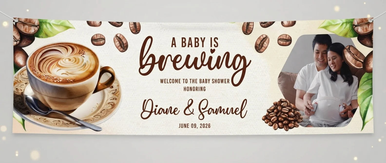 Personalised A Baby is Brewing Coffee Lover Baby Shower Party displayed against a plain studio background