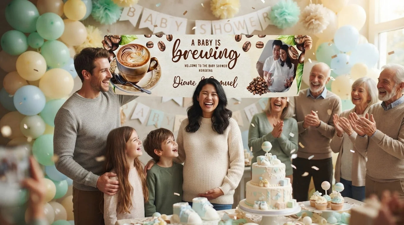 Friends and family celebrating with the personalised A Baby is Brewing Coffee Lover Baby Shower Party