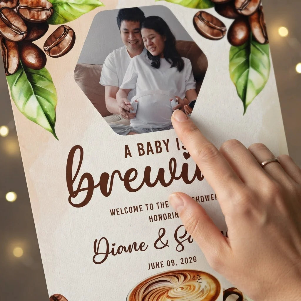 Close-up of the personalised name and photo printed on the A Baby is Brewing Coffee Lover Baby Shower Party Mega Card