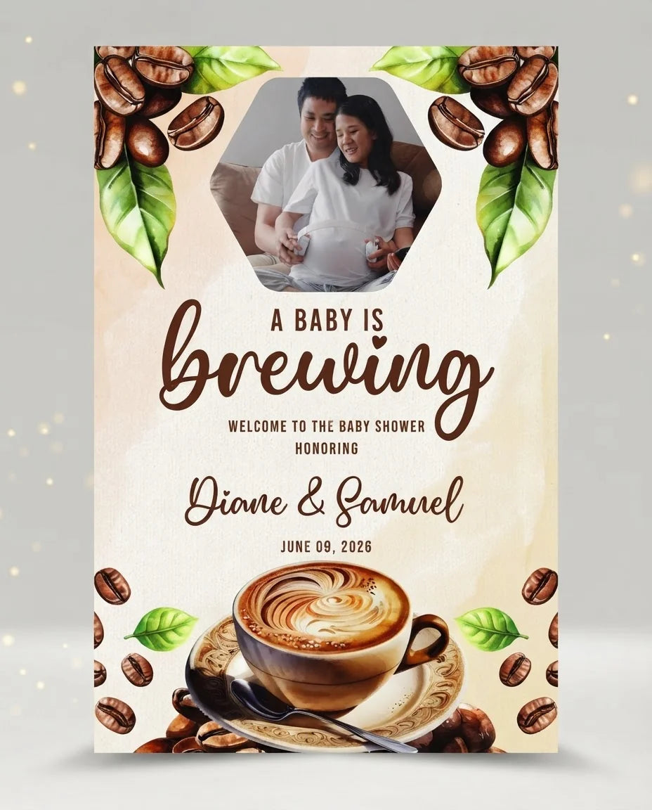 Personalised A Baby is Brewing Coffee Lover Baby Shower Party Mega Card displayed against a plain studio background