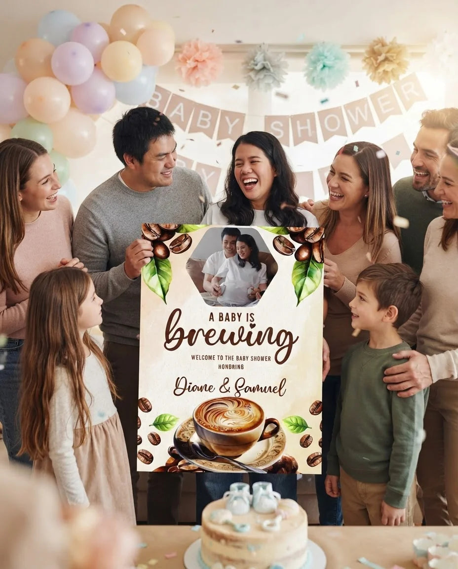 Friends and family celebrating with the personalised A Baby is Brewing Coffee Lover Baby Shower Party Mega Card