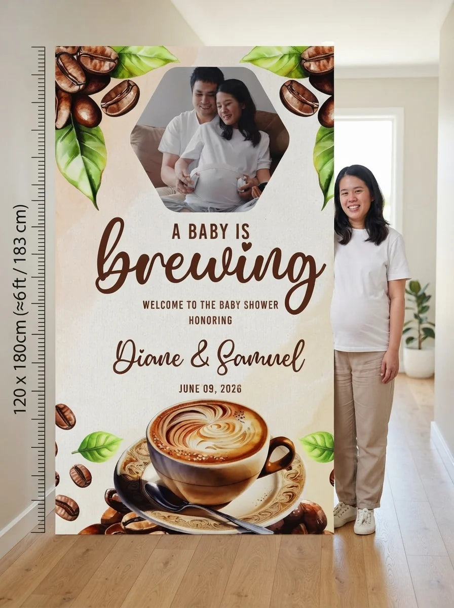 Person standing beside the A Baby is Brewing Coffee Lover Baby Shower Party Mega Card for scale in a size guide