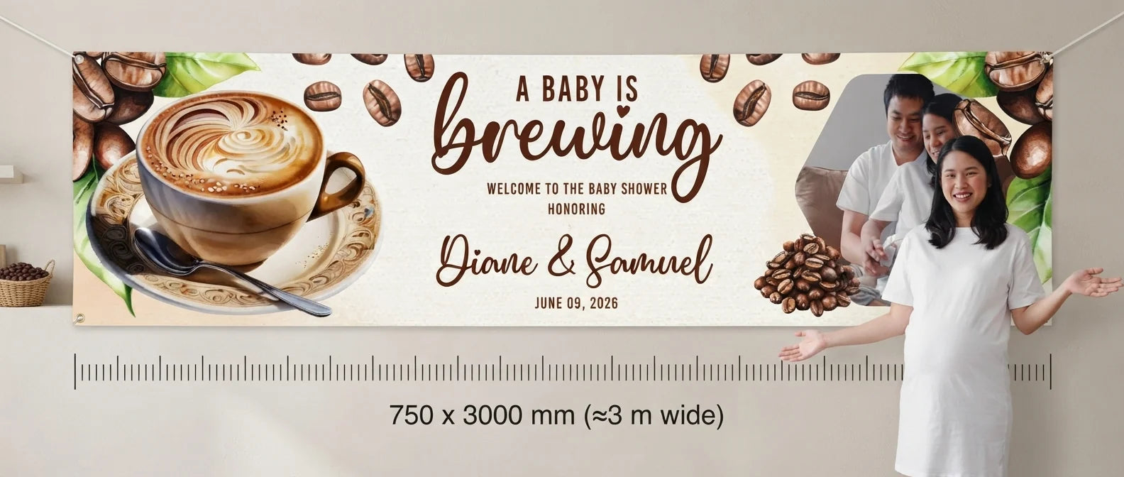Person standing beside the A Baby is Brewing Coffee Lover Baby Shower Party for scale, with size guide showing 750 x 3000 mm