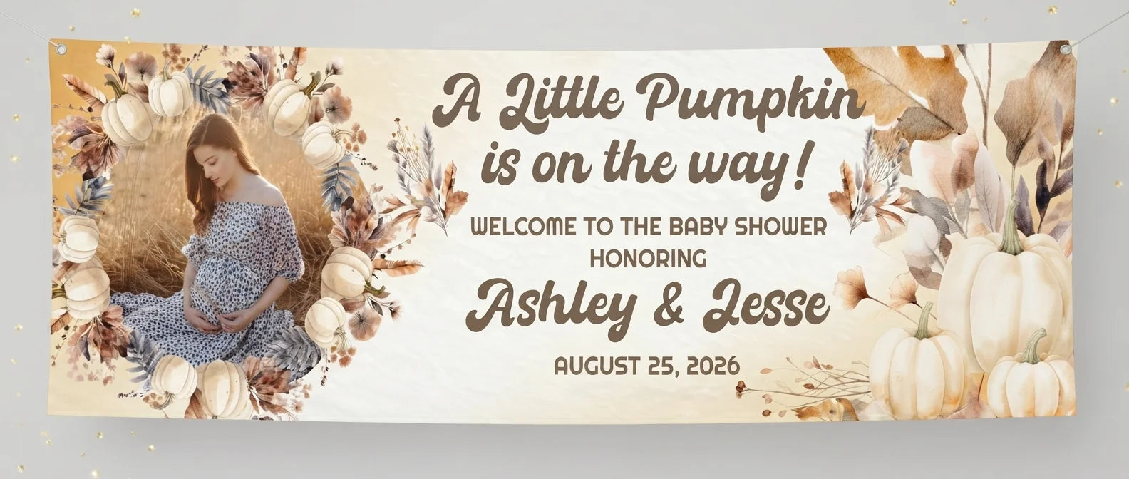 Personalised A Little Pumpkin Baby Shower Party Banner displayed against a plain studio background