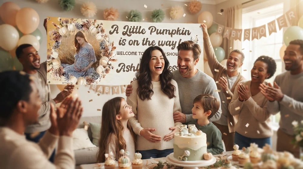 Friends and family celebrating with the personalised A Little Pumpkin Baby Shower Party Banner