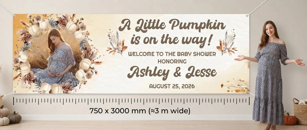 Person standing beside the A Little Pumpkin Baby Shower Party Banner for scale, with size guide showing 750 x 3000 mm