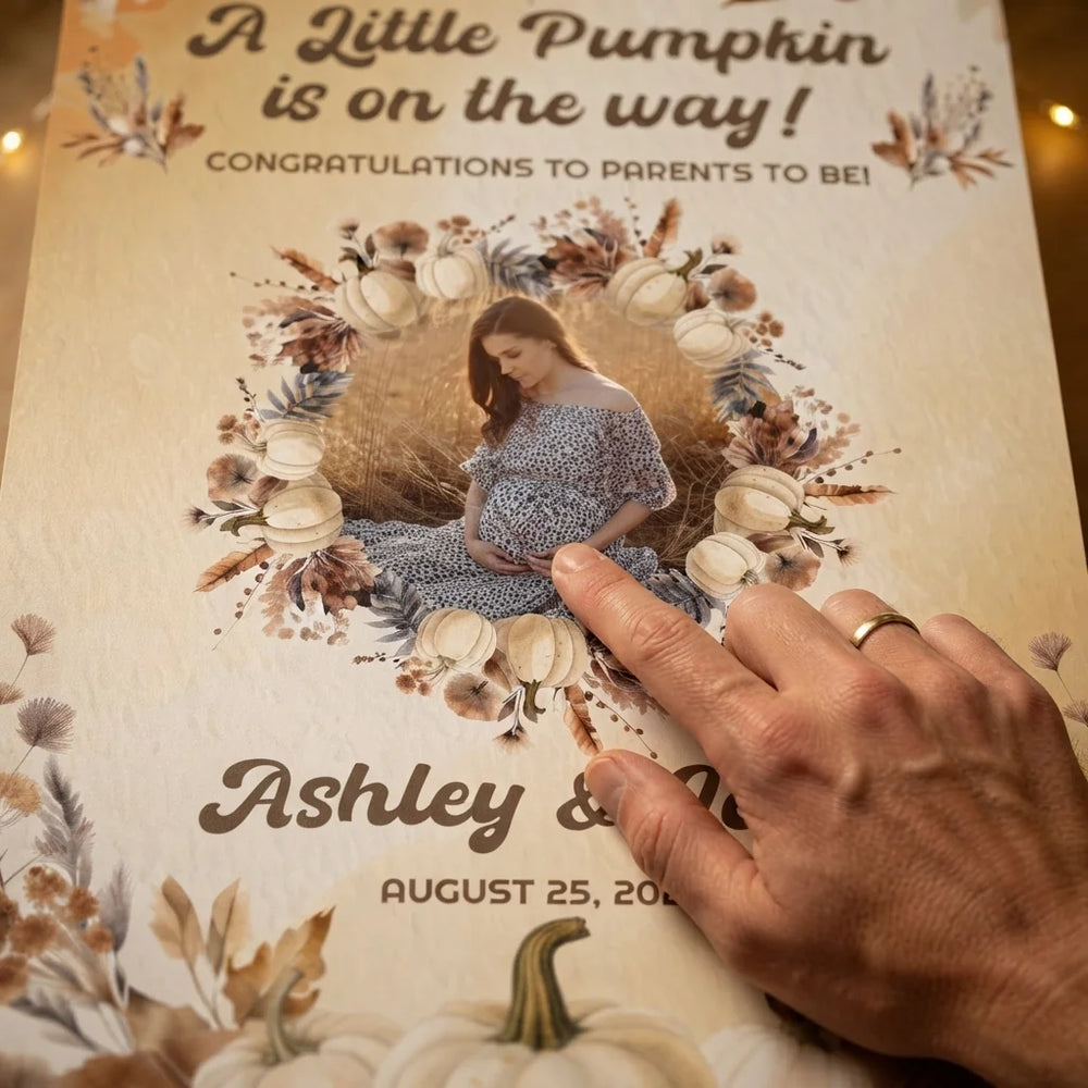 Close-up of the personalised name and photo printed on the A Little Pumpkin Baby Shower Party Mega Card